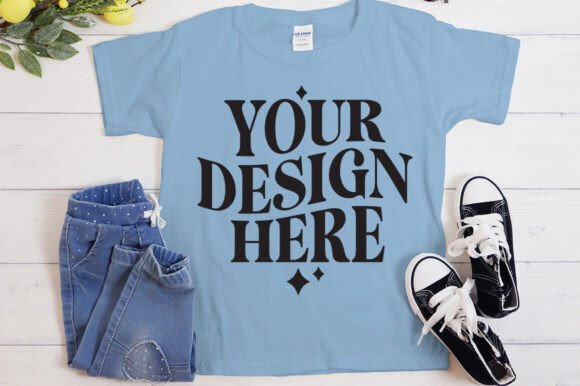 Gildan 5000 Shirt Flat Lay Mockup Blue: Graphics & Product Mockups