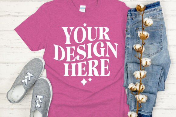 Gildan 64000 Mockup Heather Berry: Graphics & Product Mockups