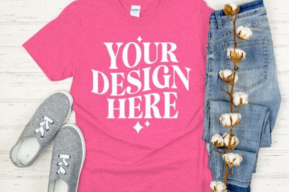 Gildan 64000 Mockup Heather Heliconia: Graphics & Product Mockups
