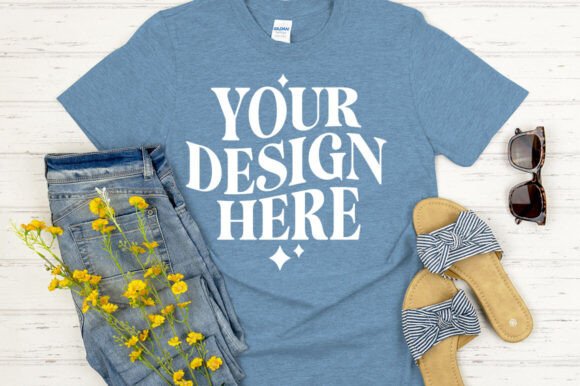 Gildan 64000 Mockup Heather Indigo: Graphics & Product Mockups
