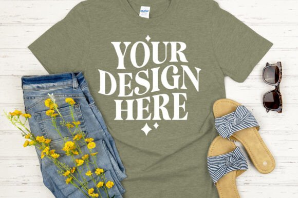 Gildan 64000 Mockup Heather Military Gre: Graphics & Product Mockups