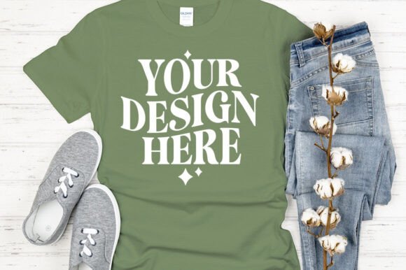Gildan 64000 Mockup: Military Green Graphics